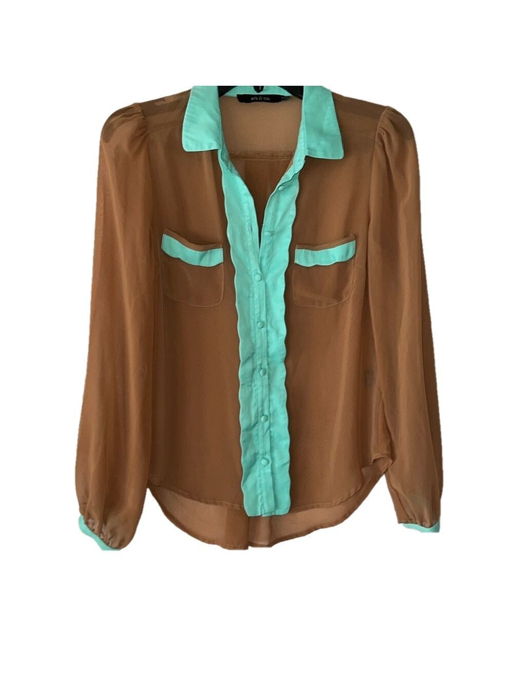 Ark & Co. Blouse, SZ S, PTP 22”, L 21”-25”, Light Brown, Pastel Green, Elegant